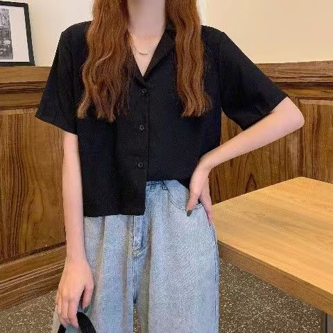 Women's Summer Short-Sleeve Casual Short-Sleeve Shirt: Retro, Loose-Fit, Solid-Color Commuter Top