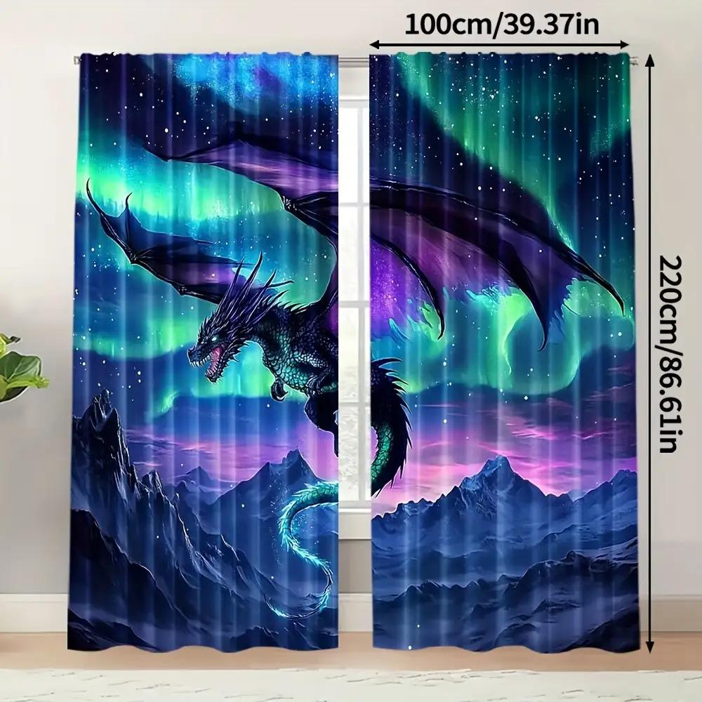2pcs Elegant Dragon Battle Print Curtains- Vibrant Aurora& Mountain Scene, Polyester, Light-Filtering, Rod Pocket, Machine Washa