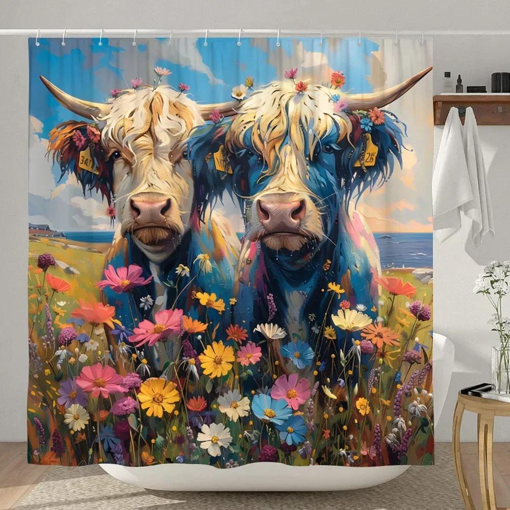 Lustiger Highland-Kuh Duschvorhang Rustikaler Landhausstil Kuh Cartoon Tier Kinder Badevorhang Polyesterstoff Heim Badezimmer Dekor
