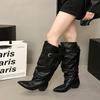 European and American style belt buckle pointed boots women's thick heel tall thin boots new long tube stacking boots
