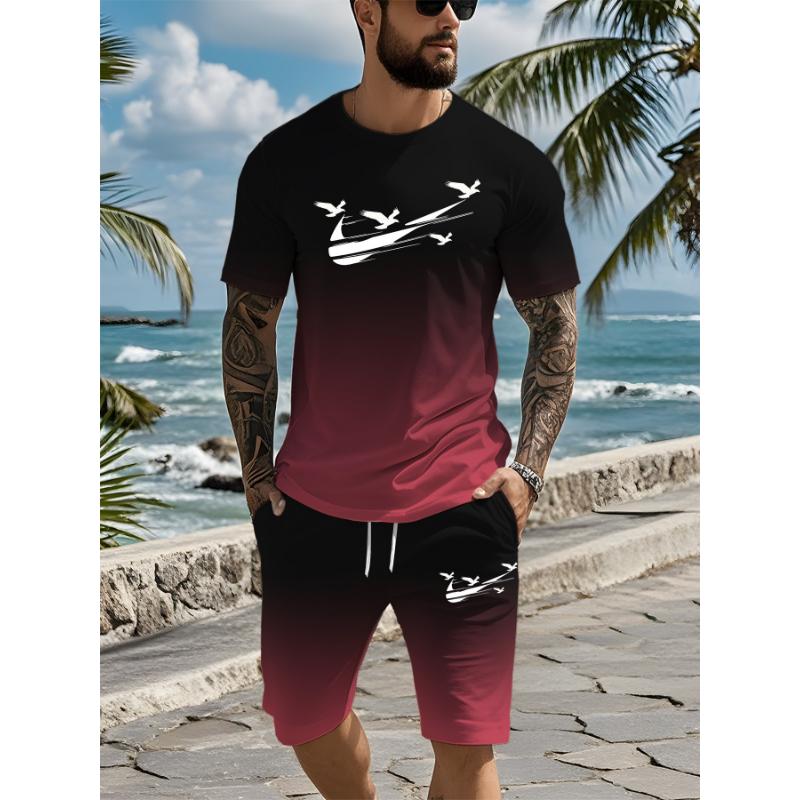 Men's Gradient Two-piece Summer Set with Short Sleeves Suitable for Casual Daily Wear, Lightweight and Breathable Short Sleeve S