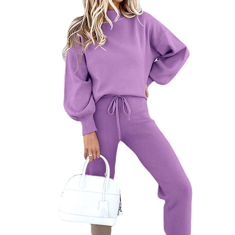 2022 Women's High Neck Sweatshirt & Solid Color Pants Set - Autumn/Winter Collection FD89940125