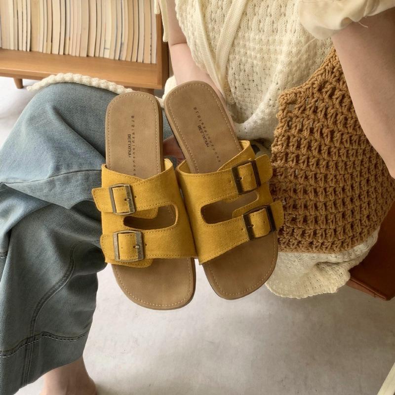 Sommer vielseitige flache Gürtelschnalle Ein-Wort-Slipper für Damen zum Tragen lässige Strand coole Slipper