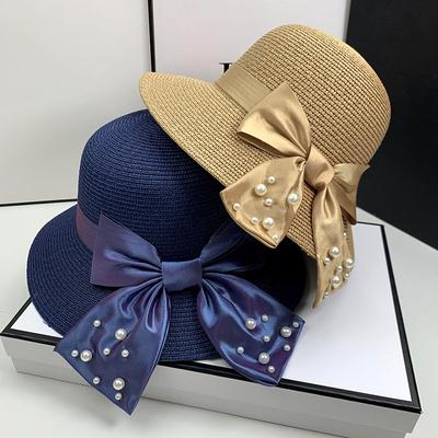 Un Hat Imitation Pearl Mesh Decor Breathable Sun Protection Versatile Straw Hat Bowknot UV Protection Wide Brim for Women