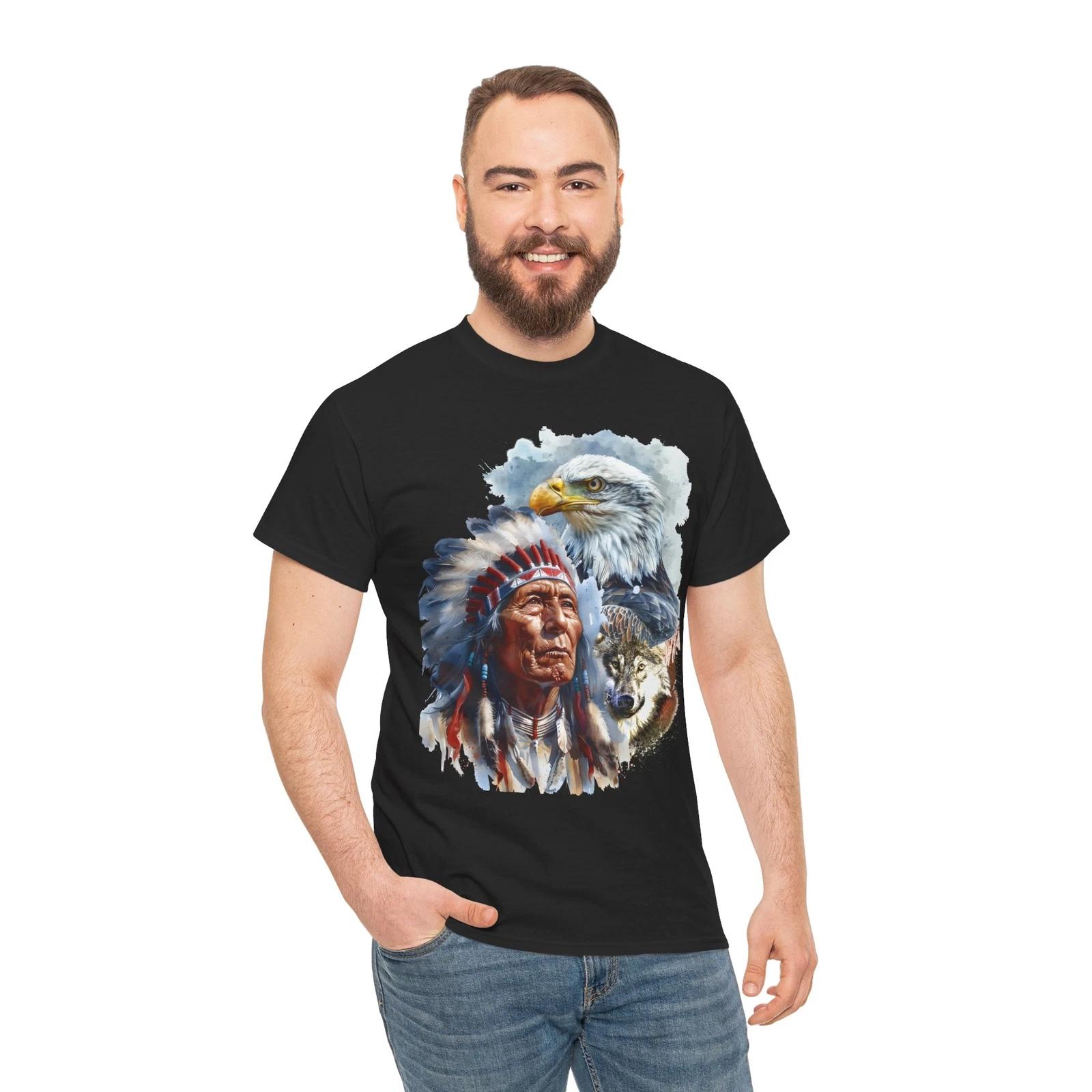 Native Indian Chief and The Spirit Eagle & Wolf Wilderness Wildlife T-Shirt S
