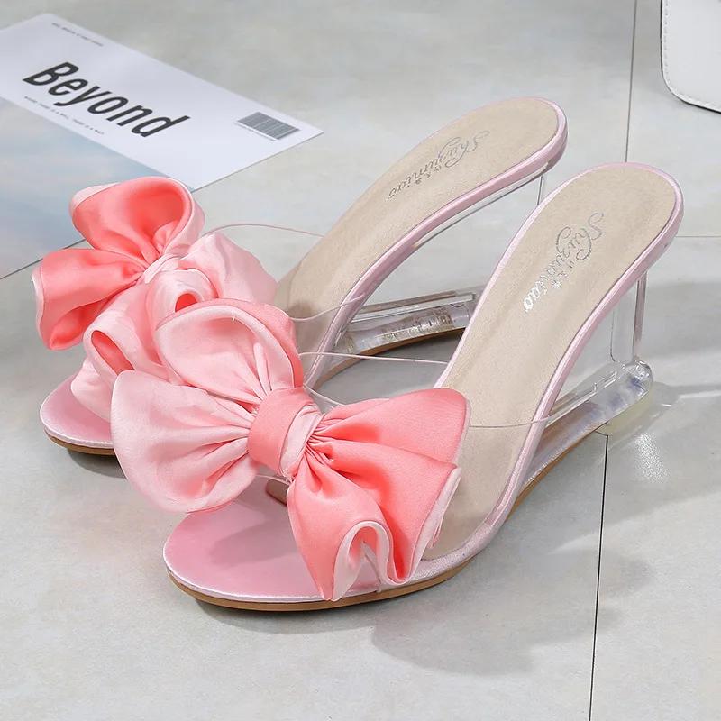 Womens High Heels Summer Wild Women's Sandals Simple Bow-knot Wedge Transparent Slippers Luxury Shoes Women Designers569
