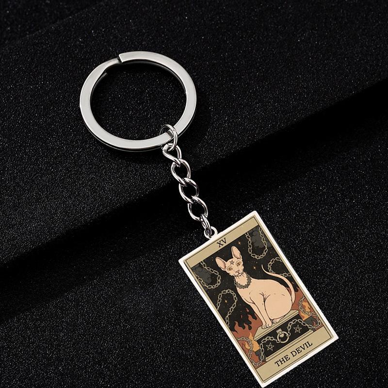 Cute Cat Tarot Card Keychain Vintage Rectangle Epoxy Stainless Steel Pendant Key Chain Animal Divination Jewelry