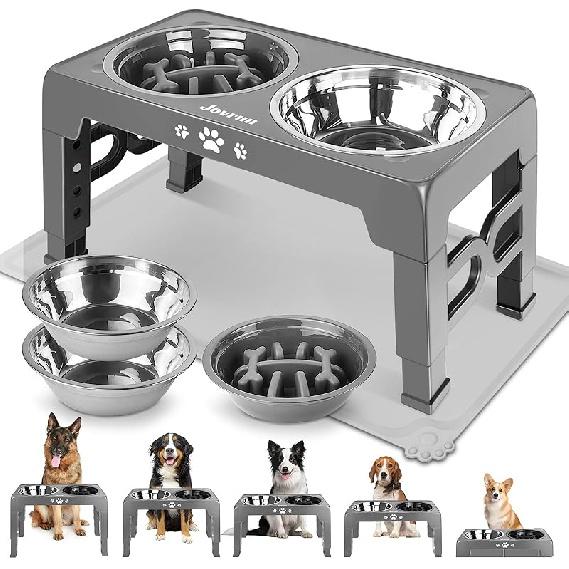 Elevated Dog Bowls, Dog Feeder with 2 Stainless Steel Dishes &1 Slow Feeder Bowl, 5 Heights Adjustable Raised Stand for Medium Large, Food Dishes