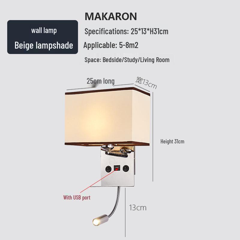 Minimalist LED Bedside Wall Lamp with USB Port - Fabric Shade for Indoor Reading