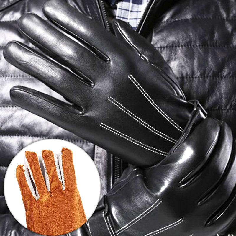 Autumn and winter leather gloves men's touch screen leather gloves PU driving three tendons skiing cold protection warm velvet thickened