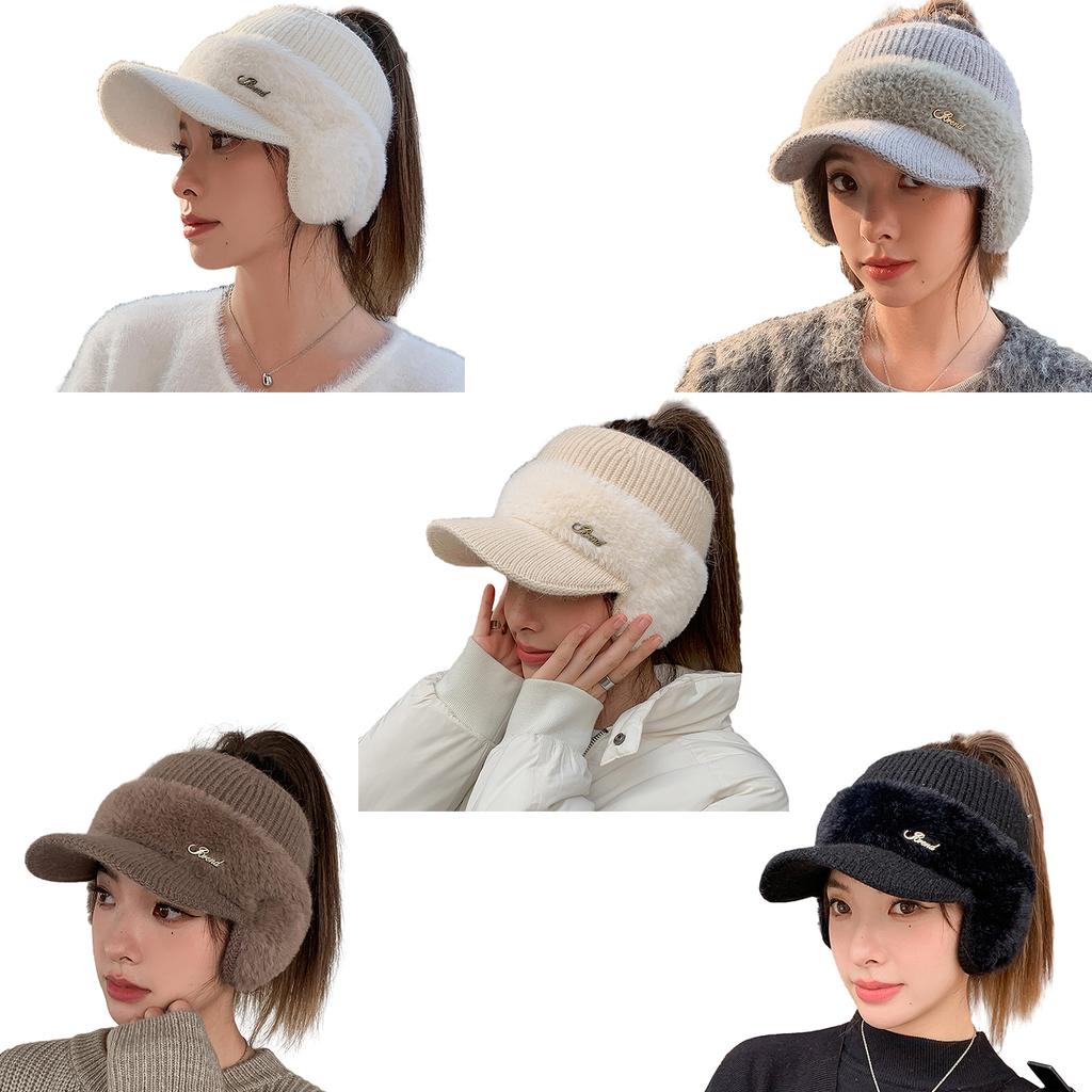 Novelty Furry Knitted Baseball Cap with Earflaps Women Influencers Same Slouchy Warm Ear Protections Empty Top Hat