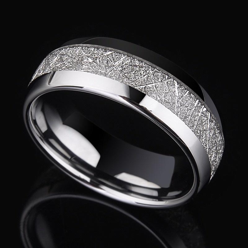 8mm Width Meteorite Stone Pattern Inlaid Silver Color Tungsten Steel Ring Couple Wedding Band Engagement Jewelry