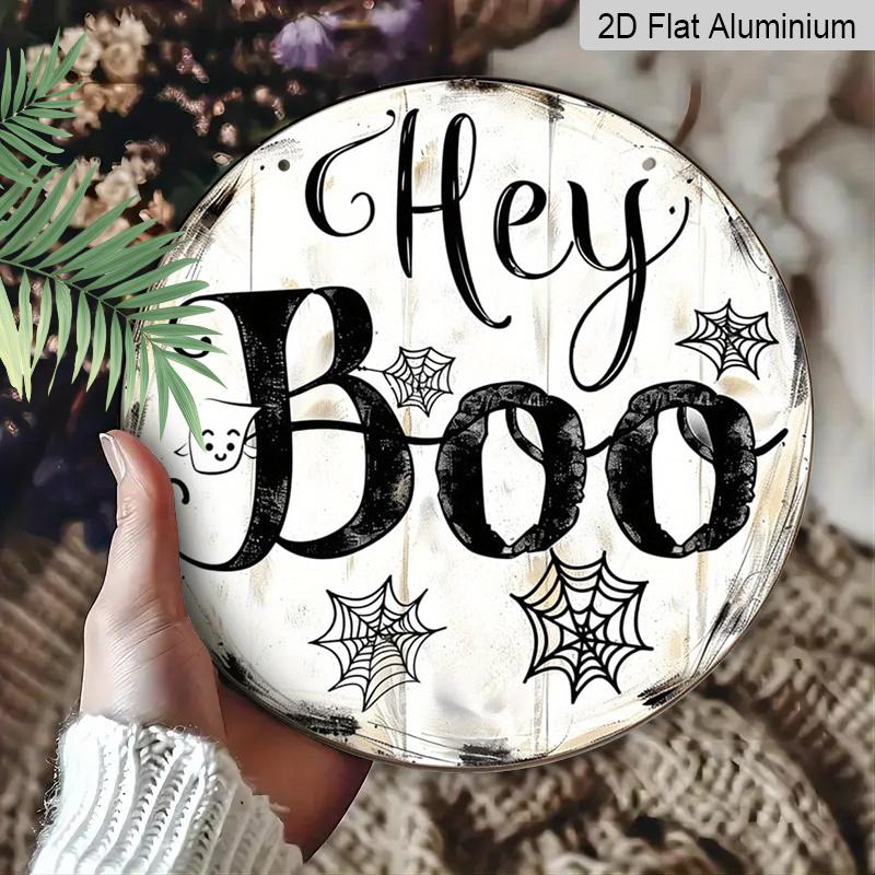 2D Flat, 1pc "Hey Boo" Halloween Ghost Round Aluminum Sign for Fall And Winter Celebrations, Suitable for Indoor And Outdoor Use, Wall Decoration for