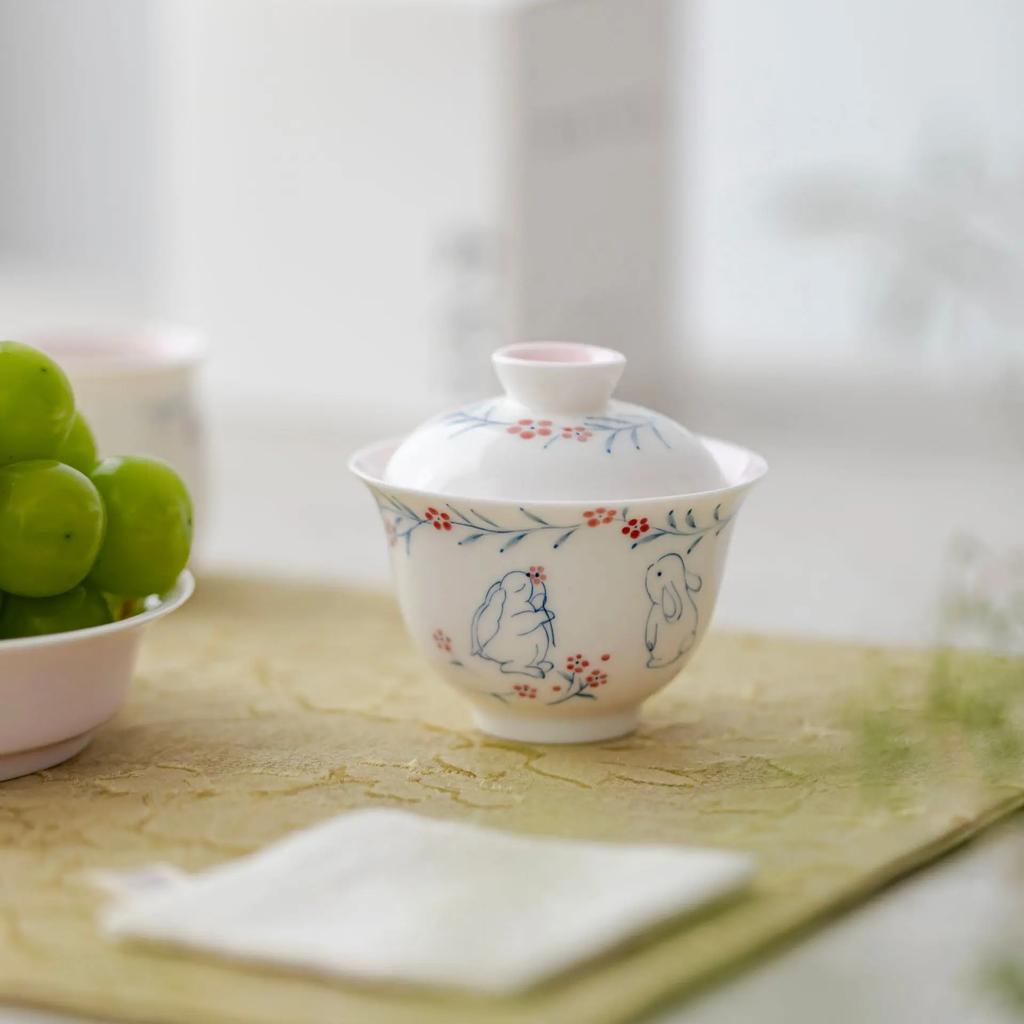90ml Hand Painted Rabbit Gaiwan Set For Tea Chinese Small Tureen Pink Tea Bowl Kung Fu Tea Chawan Tea Cups Lily Deng's Store