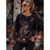 Women Halloween Skeleton Witch Graphic Tee Long Sleeve Crewneck Tops Vintage Gothic Black Cat Pumpkin Party Gift T-shirt