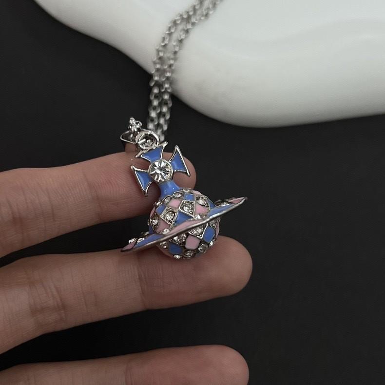 Empress Cixi Blue Pink Saturn Sphere Pendant Diamond Sweater Chain Necklace