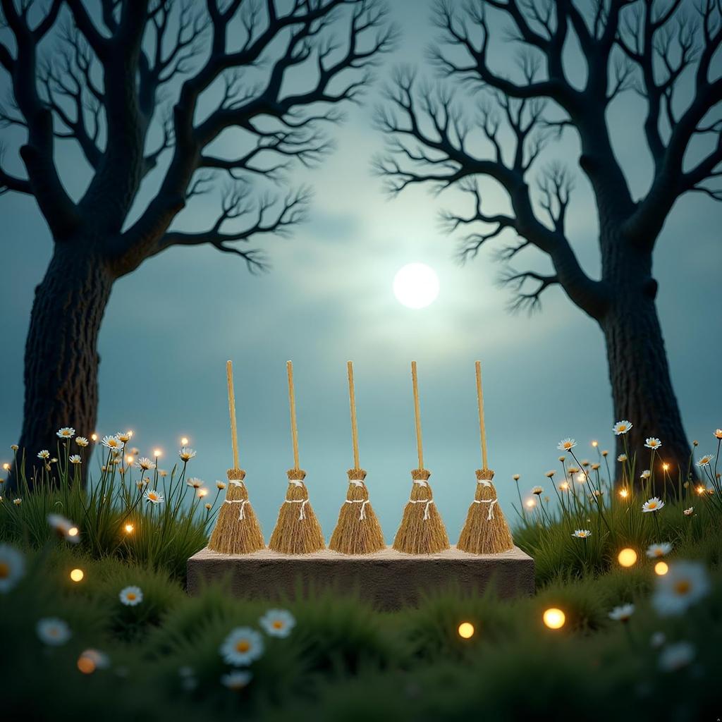 5 Pcs Witch Broomstick Set - Miniature Broom Props, Fairy Decoration, Cinnamon Broom, with White Ropes Halloween Straw Craft Decoration Witches