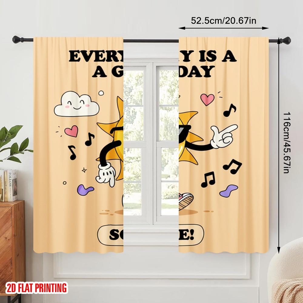 2pcs 2D Flat Printing Curtain Cool Sun Happy Vibes Polyester Without Electricity Family Party for Multipurpose Event Decoration