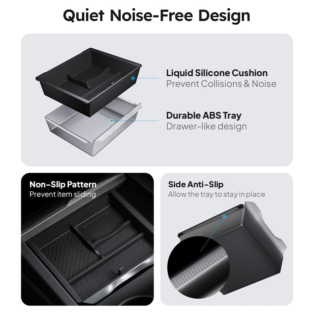 Heenvn Console Armrest Storage Box For Tesla Model Y Juniper Model 3 Highland 2024-2026 ABS Silicone Watercup Mat Accessories