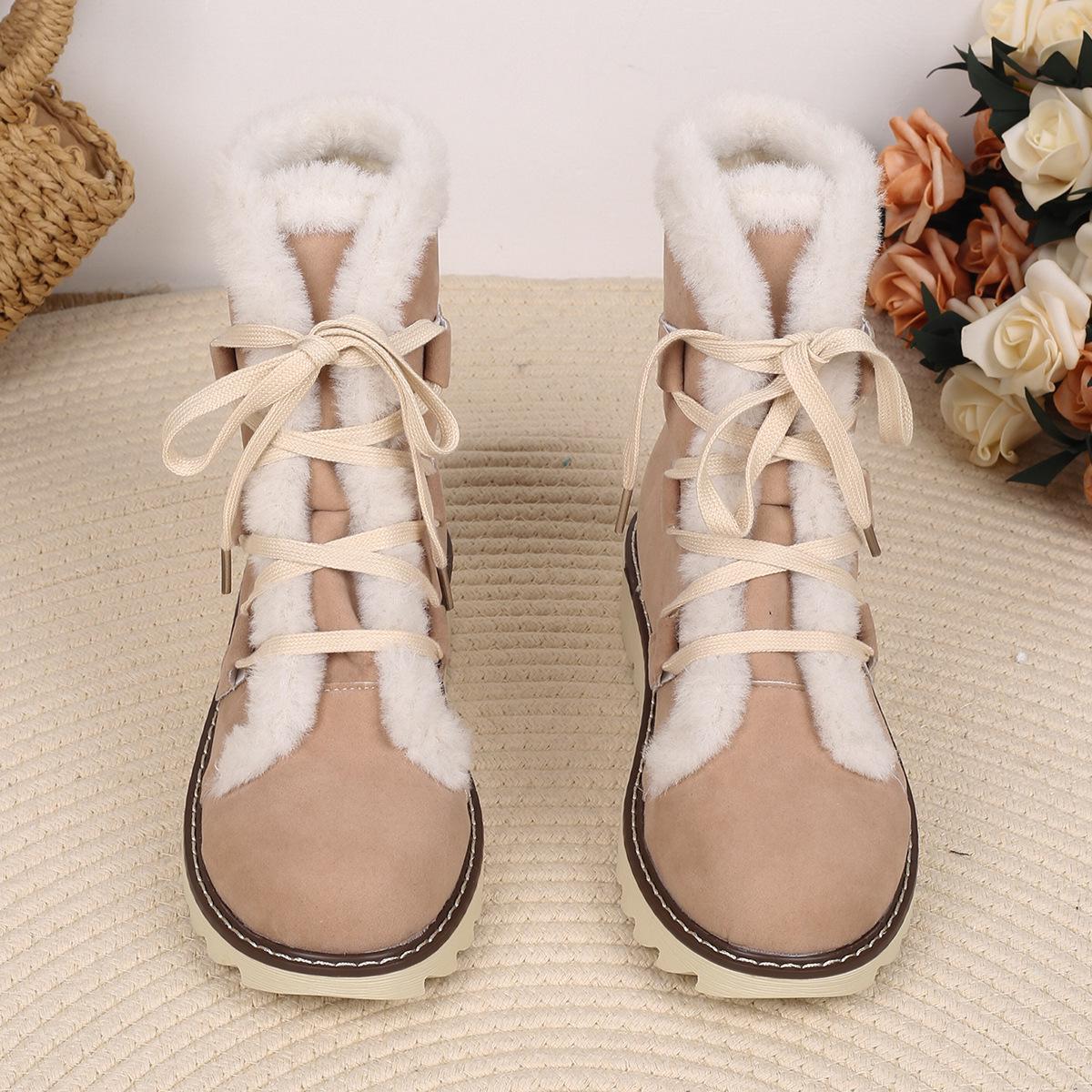 

Women s Plus Size Lace-up Snow Boots - 2024 Fleece-lined, Warm, Thickened, Flat Bottom for Autumn/Winter. 37 грязно-белый
