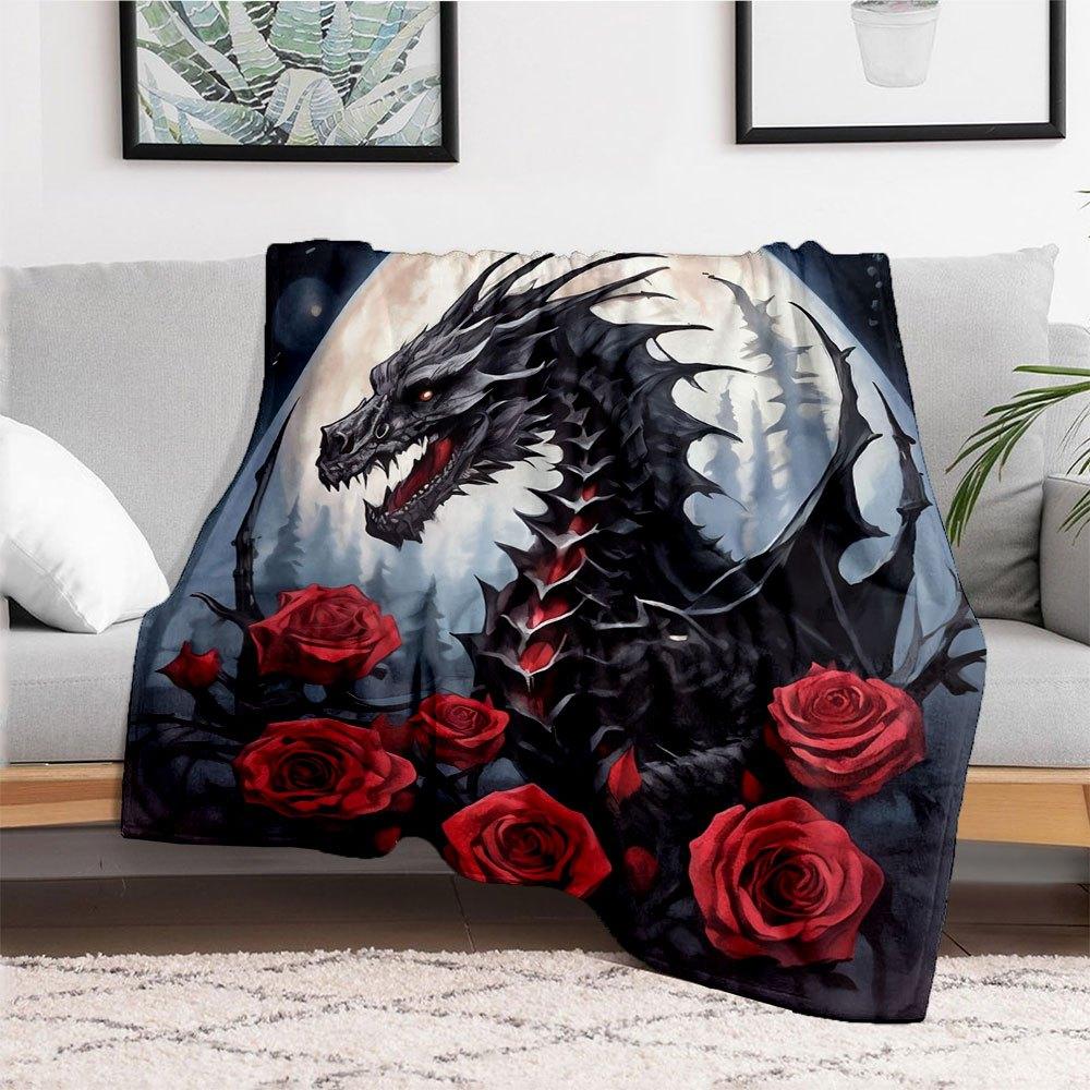 "Dark Fantasy Dragon with Red Roses Wall Art Print"Blanket Flannel Throw Blanket for Sofa, Bed, Travel, Camping, Office, Couch, Chair, And B