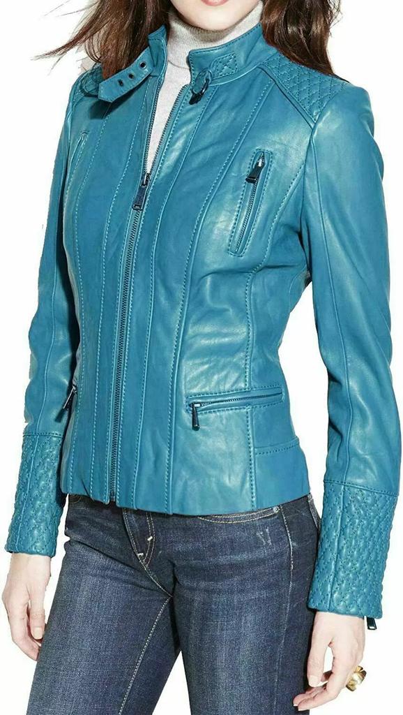 Turquoise Designer Coat Classic Women Real Lambskin Leather Jacket Biker Skinny