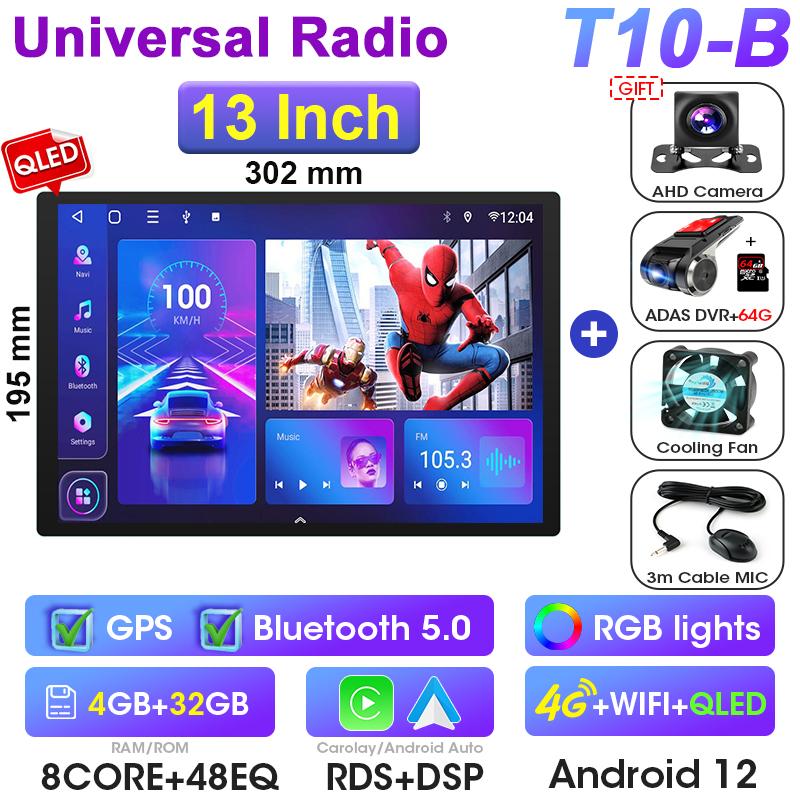 Universal 13" QLED 2 Din Android 12 Car Radio For Nissan Kia Honda Toyota Stereo Multimedia Video Player 1920*1200P Carplay Auto