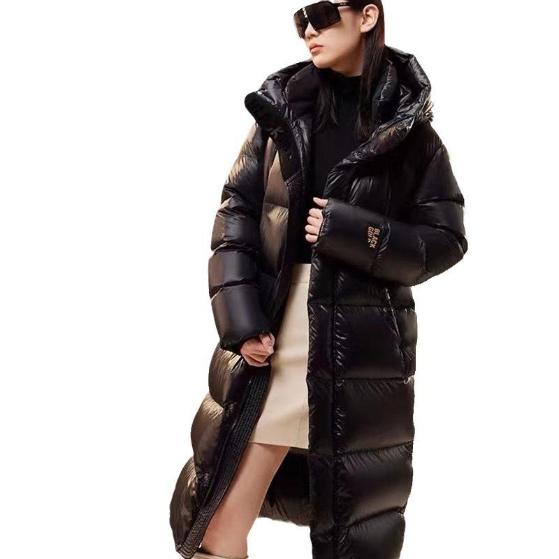 Black and Gold Duck Down Glossy Down Jacket Women's Hot Sale Medium and Long Couples Thickened Knee Leave-in Jacket