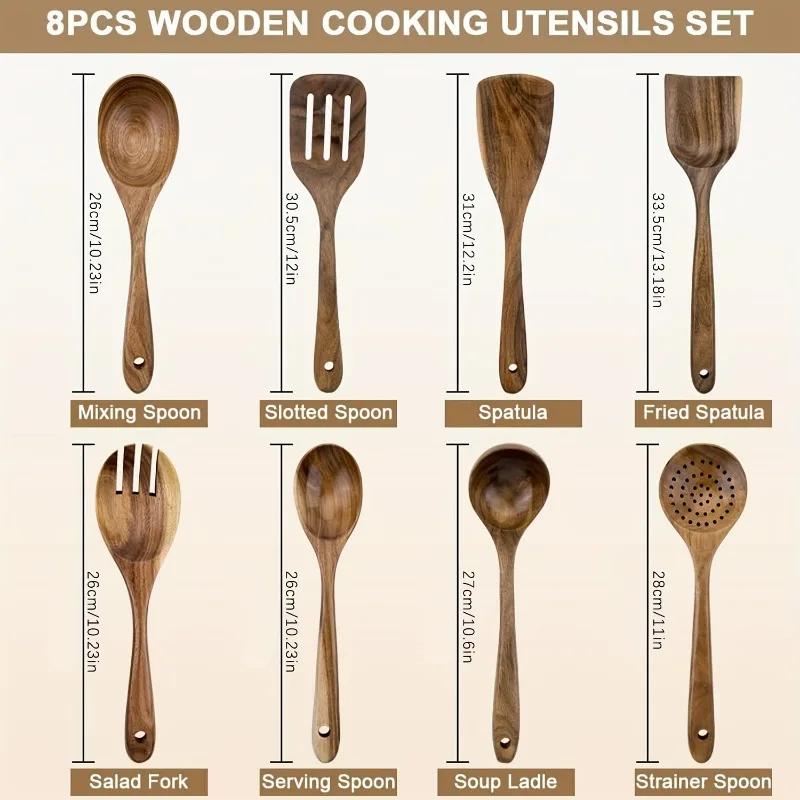 Durable Wooden Kitchen Utensil Set 8pcs - Anti-Scald Non-Stick Cooking Tools Multi-Purpose Wood Spoons And Spatulas Cookware Kit