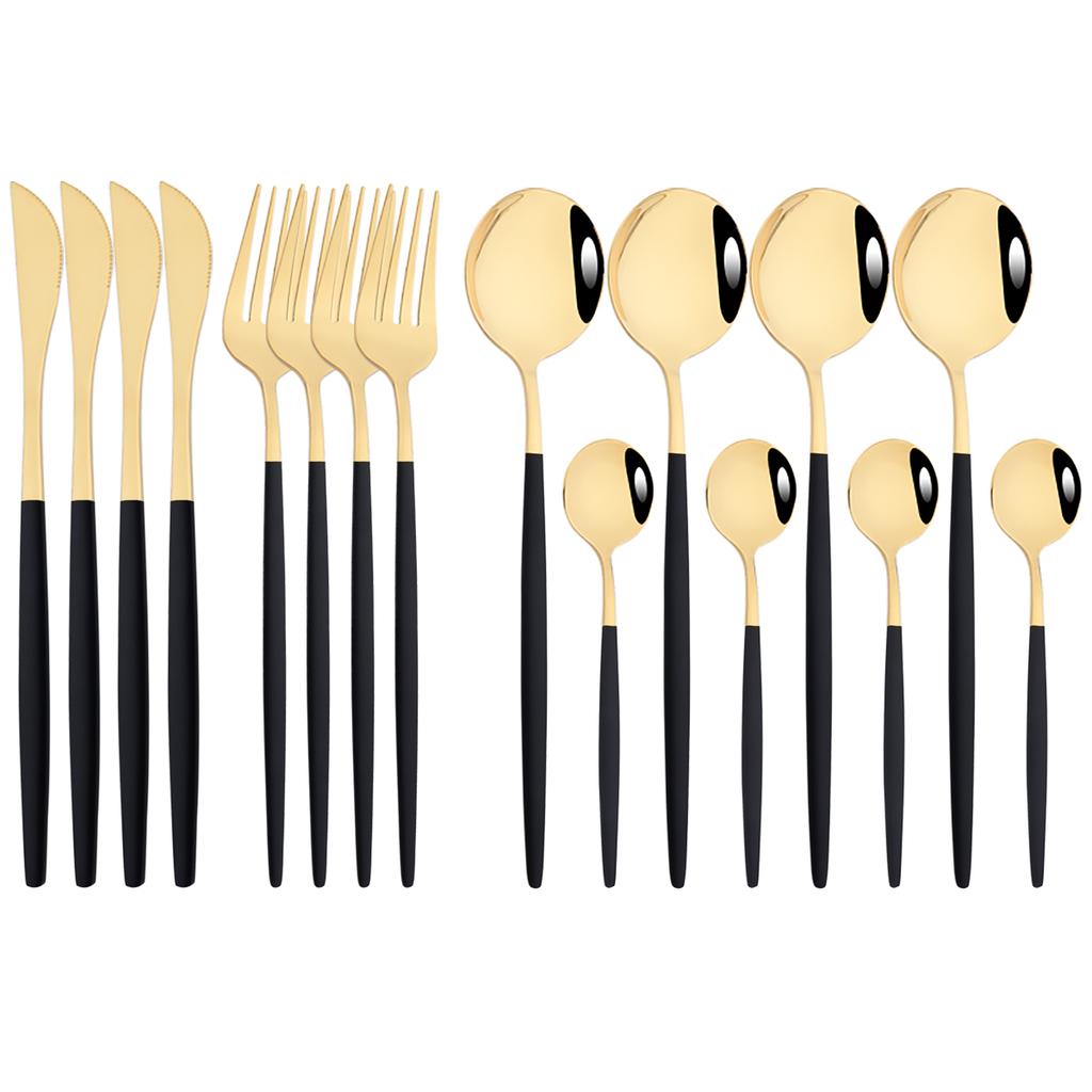 16Pcs Dinnerware Set Stainless Steel Tableware Mirror Dinner Black Cutlery Set Knife Fruit Fork Spoon Silverware Kitchen Set