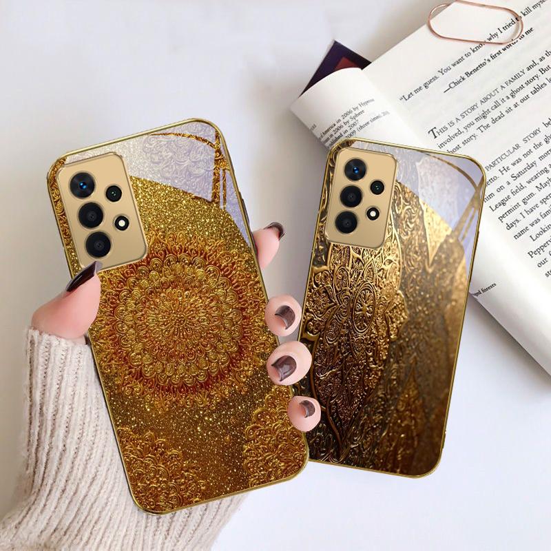 Golden Classical Emblem For Samsung A 01 52S A04 A05S A10 A12 A13 22 23 24 36 42 M02 Note 10 20Ultra 8 9 Golden Glass Phone Case