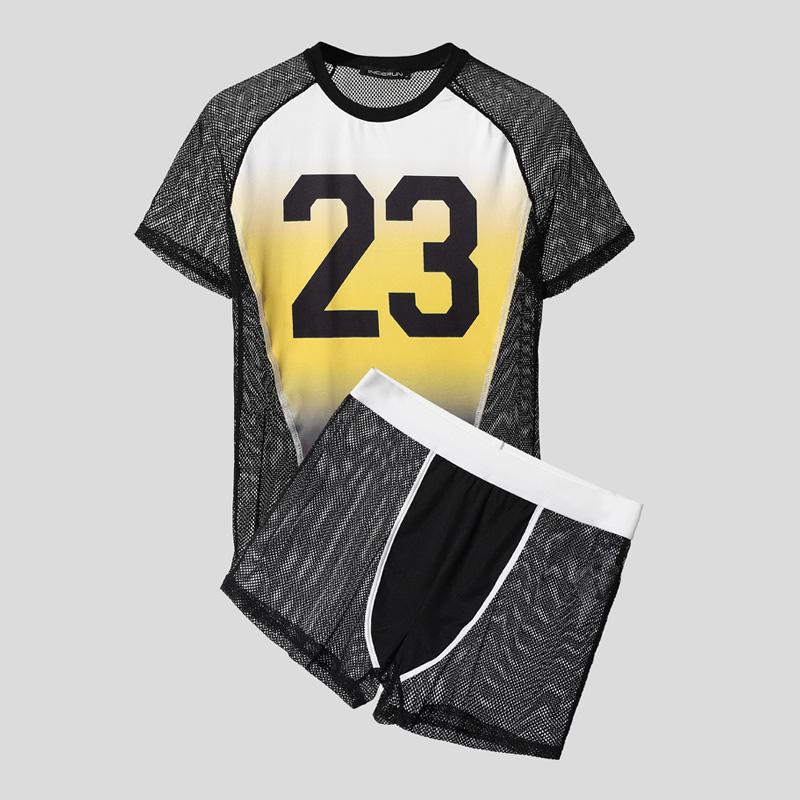 INCERUN Men Underwear Sets Mesh Sheer Print Patchwork Tops Shorts Outfit Home Wear