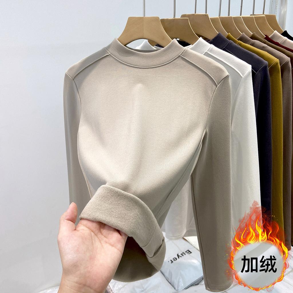 Fleece polished small stand-up neck bottoming shirt women's spring fishbone front shoulder slim-fitting long-sleeved T-shirt with top inside