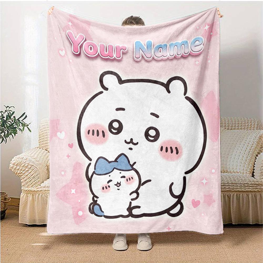 1pc Chiikawa Blanket with Custom Name, Gift, for Men and Women, Soft Blanket, Good for Sofa Bed Couch Travel, Lightweight Flannel Blanket