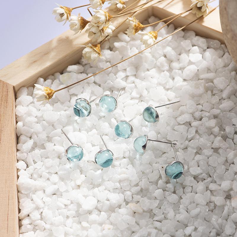 Ventfille 100% 925 Sterling Silver Stud Earring for Women Girl Gift Mermaid Tears Japanese Korean Blue Foam Crystal Wholesae