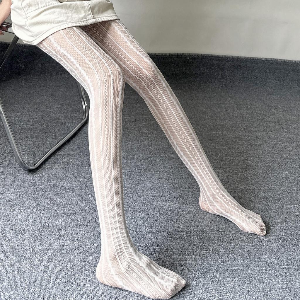 Sexy Striped Floret Fishnet Pantyhose For Female Women'S Red Brown Lace Tights Gothic Elastic Hollow Out Mesh Leggings Pants