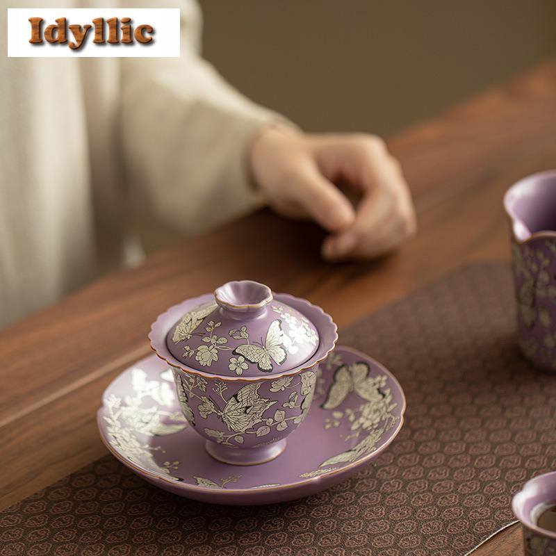 120ml Ru Kiln Gilt Silver Butterfly Gaiwan Ancient Tea Tureen Tea Bowl With Lid Kit Tea Making Cover Bowl Teaware Decoration