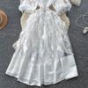 French Retro Floral Beaded Dress with Lantern Sleeves and Lapel