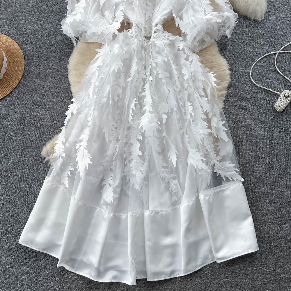 French Retro Floral Beaded Dress with Lantern Sleeves and Lapel