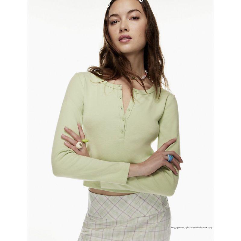 

Canada Pure Yuan Sunday Best round Neck Button Versatile Long Sleeve Female 80123 Slightly Flaw Light green 2XL