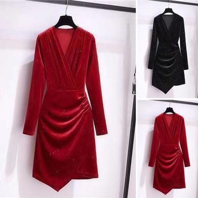 Vestido corto para mujer, escote en V, manga larga, plisado, color puro, corte ajustado