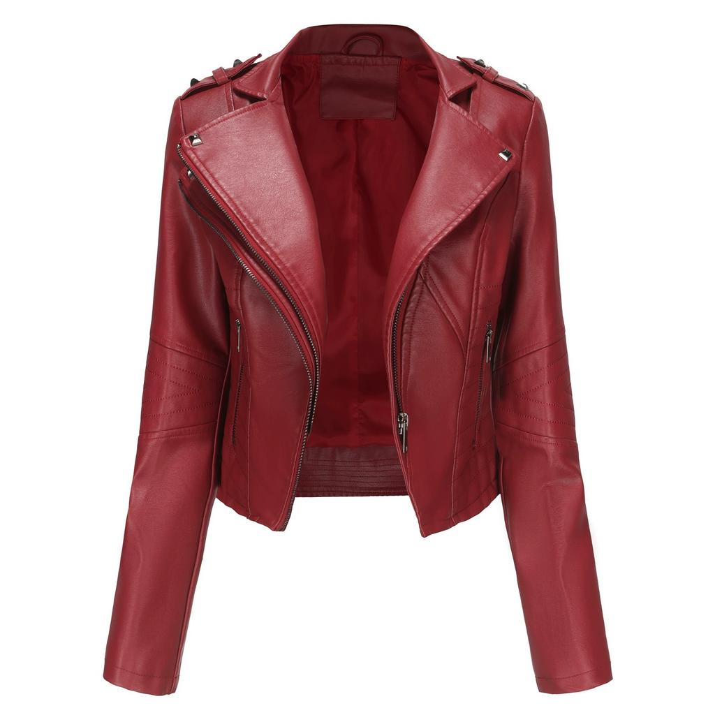 Slim Fit Long Sleeved Spring and Autumn Leather Jacket Women's Rivet European and American Popular Short Jacket Zipper Leather Jacket