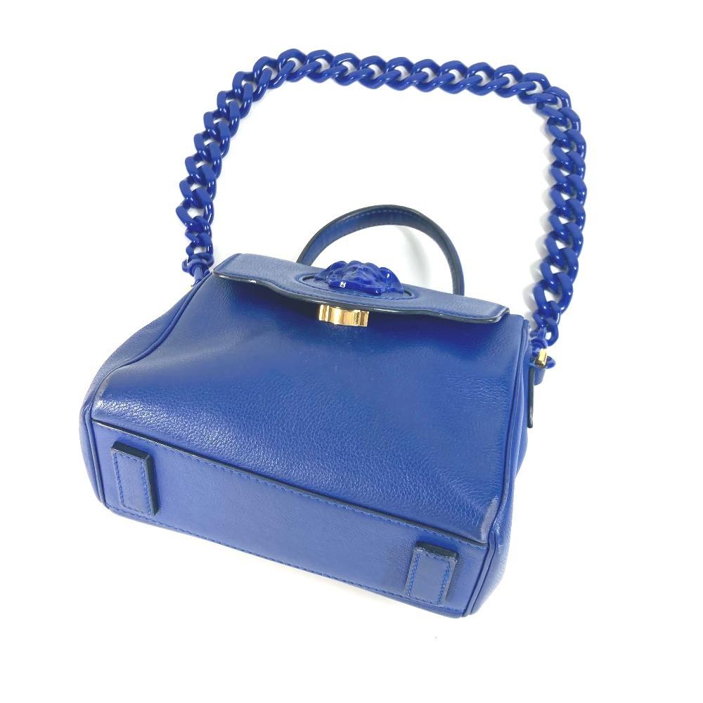 Versace Medusa Logo 2WAY Chain Shoulder Bag Hand Bag Leather Blue