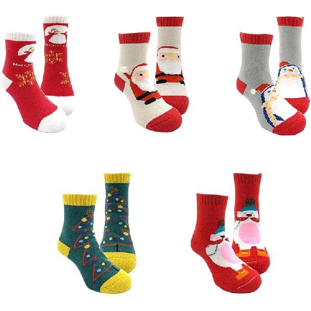 Gwenvenni 5 Pairs Children s Winter Warm Thick Christmas Crew Socks Kids Boys Girls Thermal Socks 6-10 Years