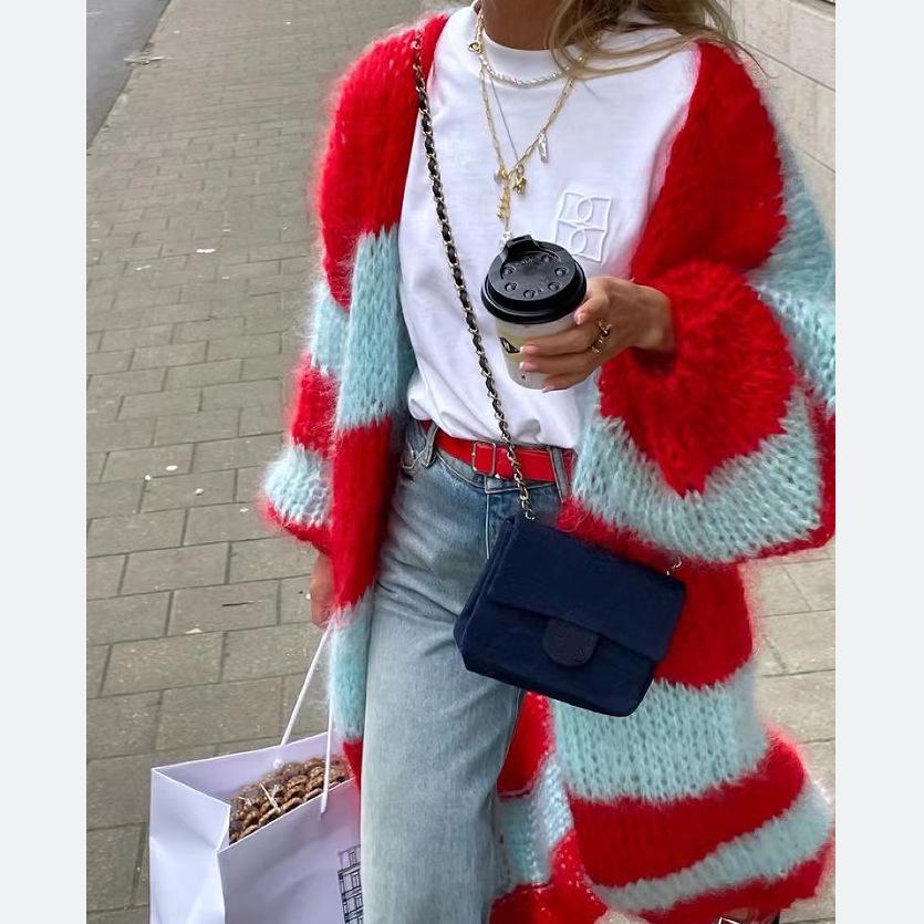 2024 Autumn Contrast Striped Lazy Style Long Sweater Coat (Model HY062)