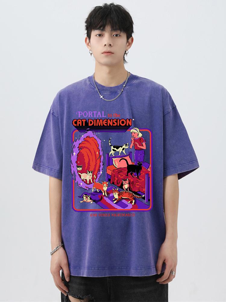 Portal To The Cat Dimension Print Washed Retro Men Tshirt Summer Loose Cotton T Shirt Breathable Clothes Oversize Casual Tees