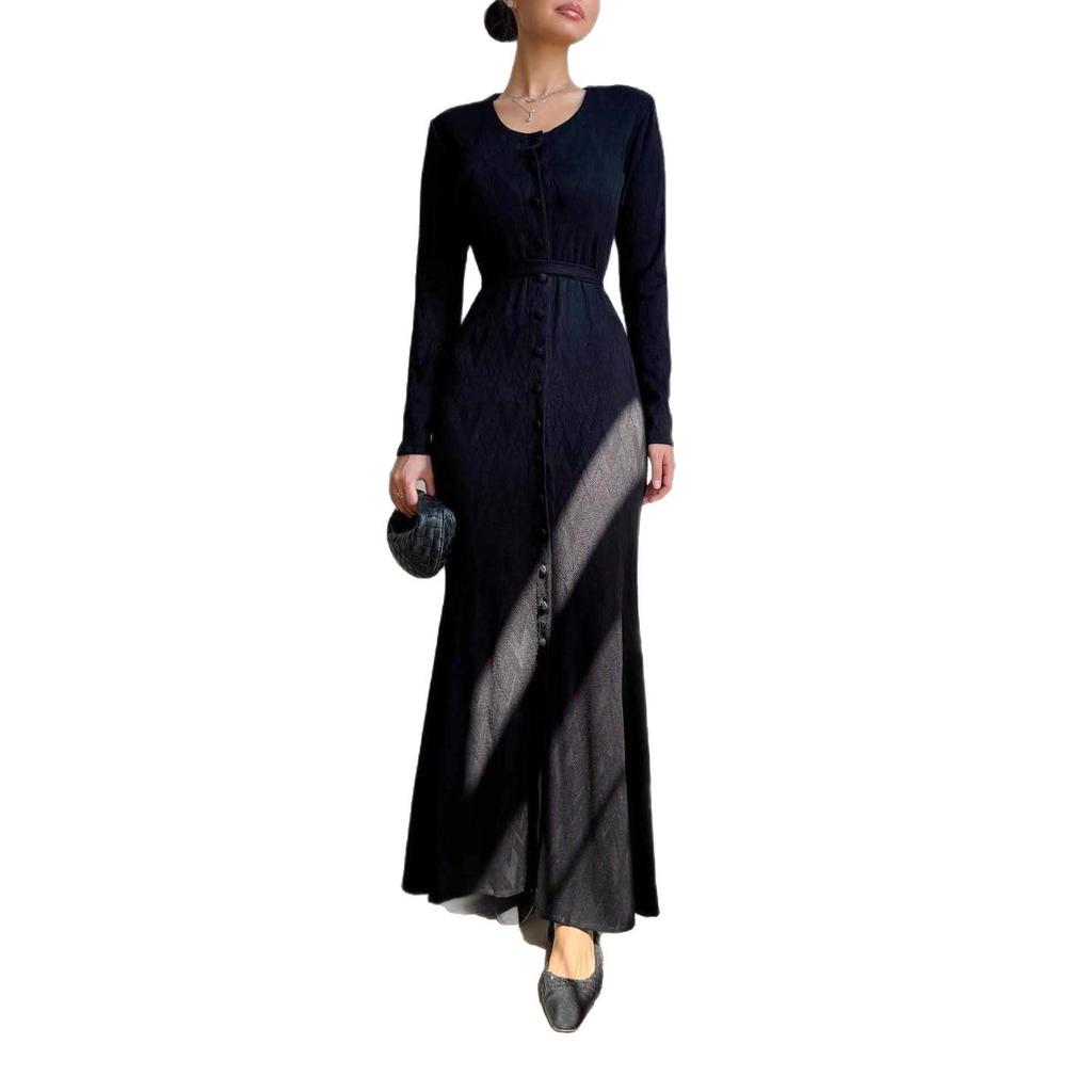 2025 Autumn Women's Slim Knit Wool Dress - Round Neck, Button & Tie Detail