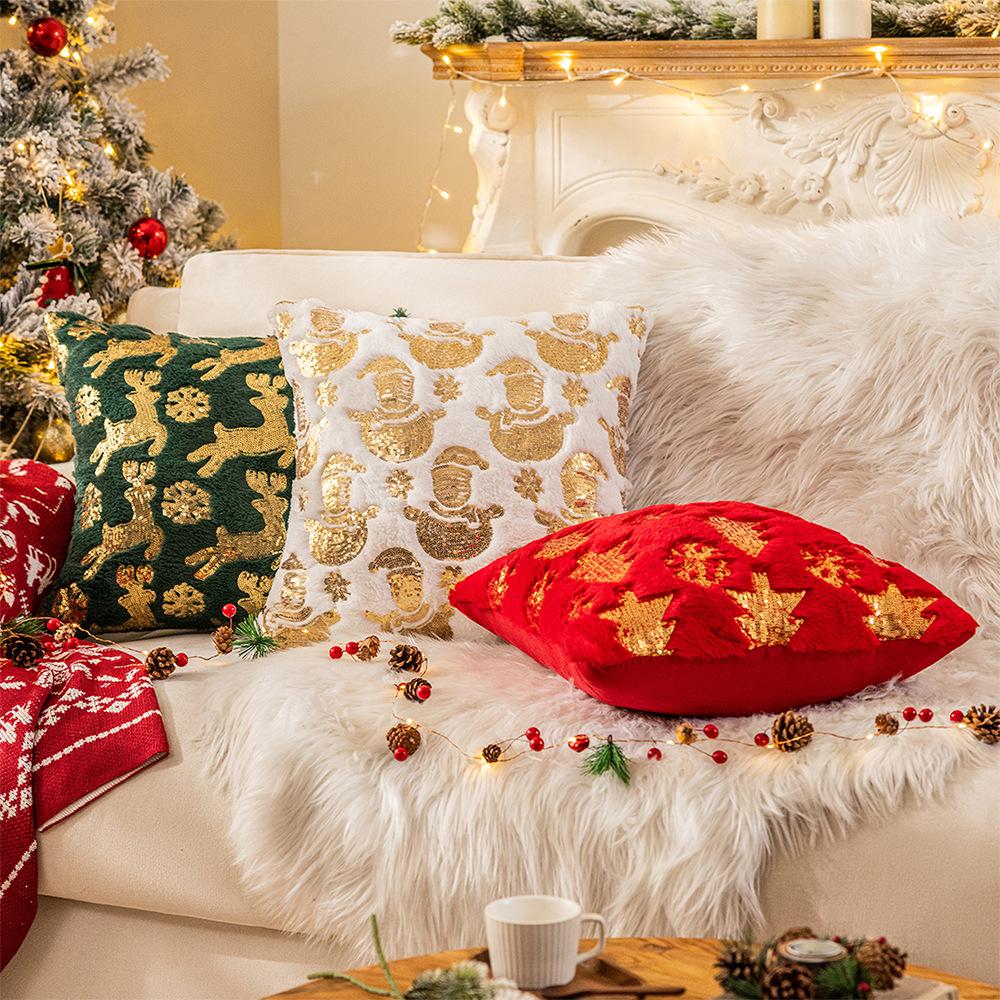 New Sequin Christmas Pillow American Holiday Plush Sofa Pillow Cushion Cover Sequin Embroidered Pillow Cover Aa
