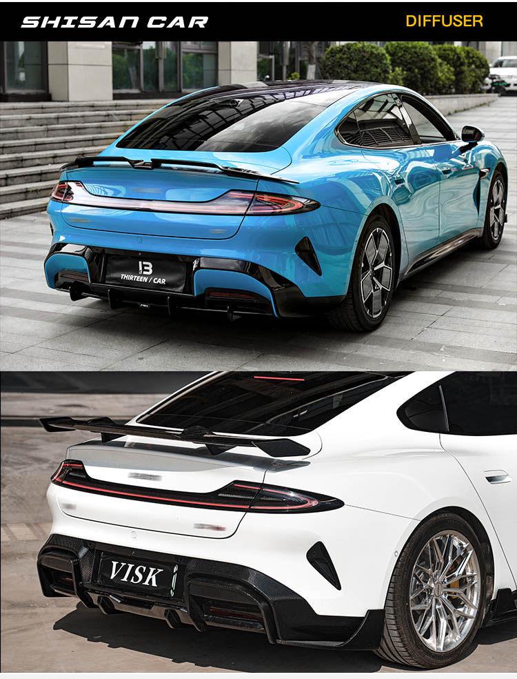 Xiaomi SU7 Car Body Kit: Front Lip, Splitter, Side Skirts, Rear Wing, Carbon Fiber Exterior.