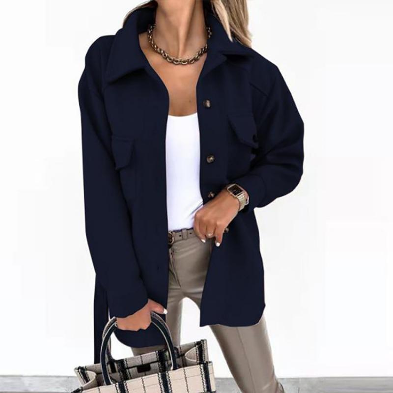 Autumn Winter Long Sleeved Cardigan Women Coats Plus Size Solid Color Casual Loose Simple Lapel Button Woolen Jackets Pockets Lace-up Women's Clothing